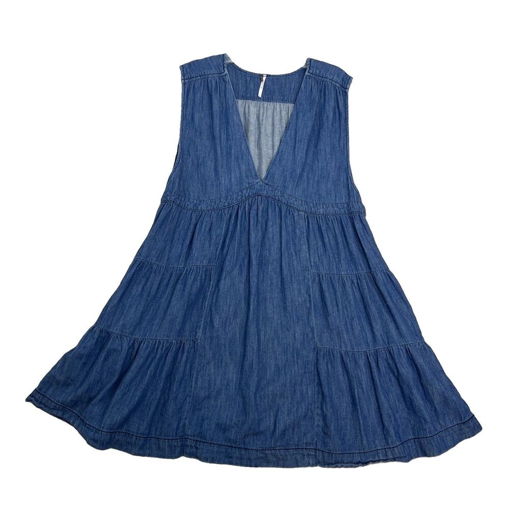 Free People Denim Mini Dress Size Large Blue Sleeveless V-Neck Ruffle